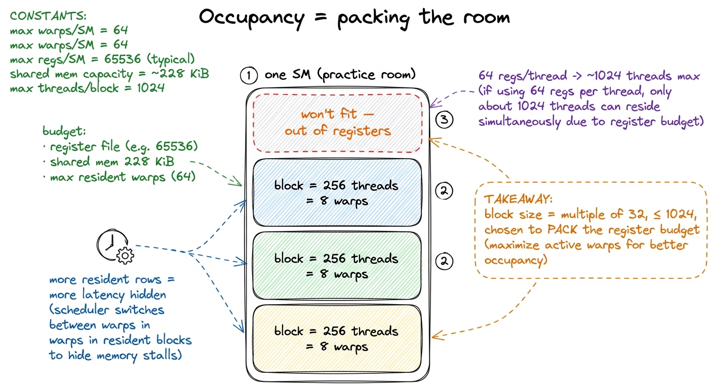 Block size is a packing decision: registers and shared memory per thread decide how many blocks fit, which sets how much
