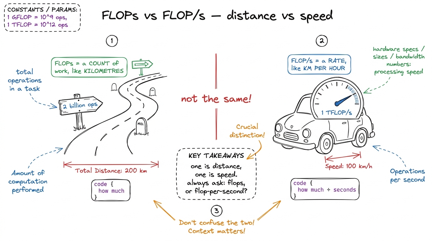 The confusion killer, drawn: FLOPs is a distance (a count of work), FLOP/s is a speed (work per second). Never let a stu