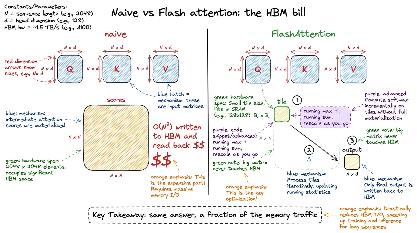 The core of W1: naive attention pays for a giant matrix in HBM; FlashAttention never writes it.