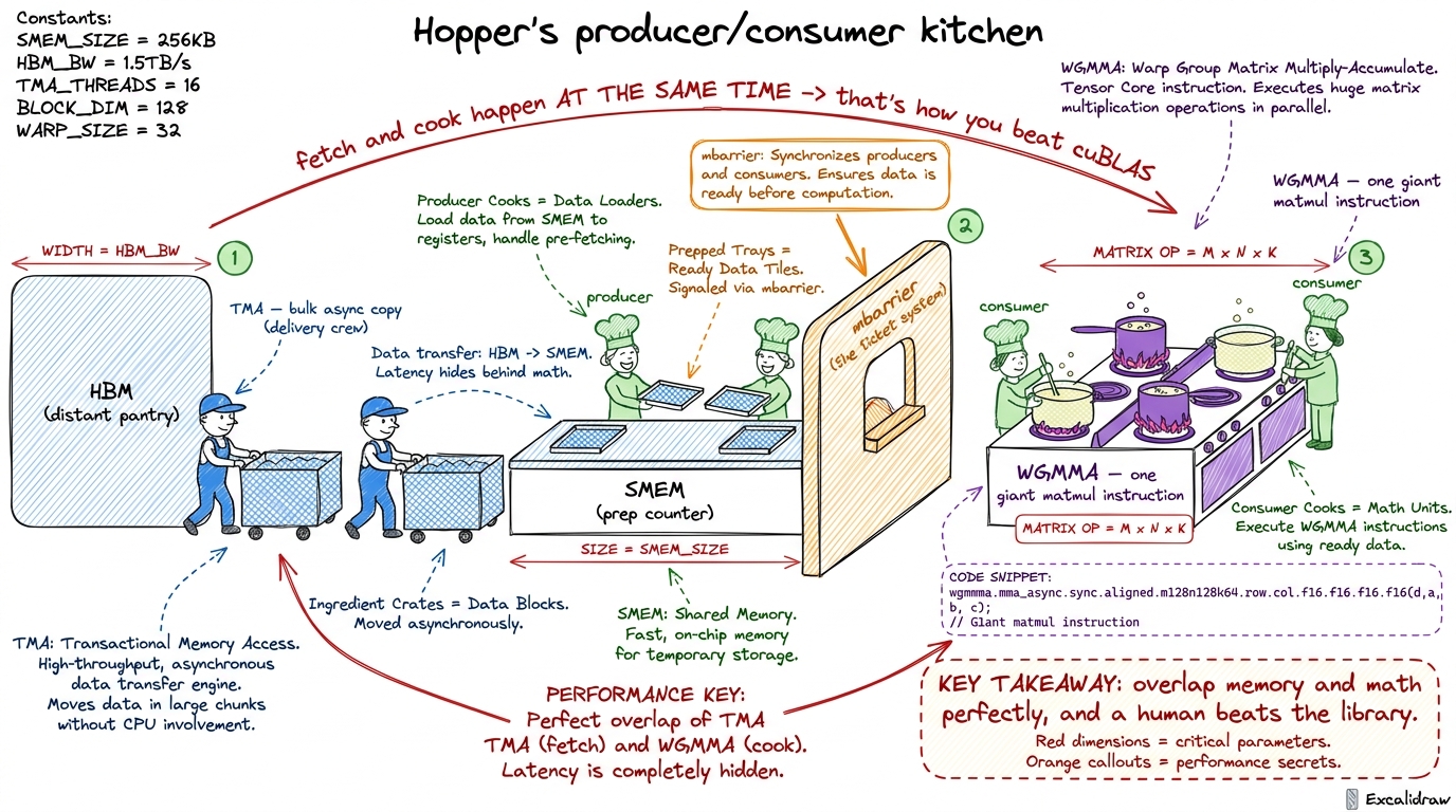W2's anchor: Hopper as a specialized kitchen where a delivery crew feeds cooks continuously.