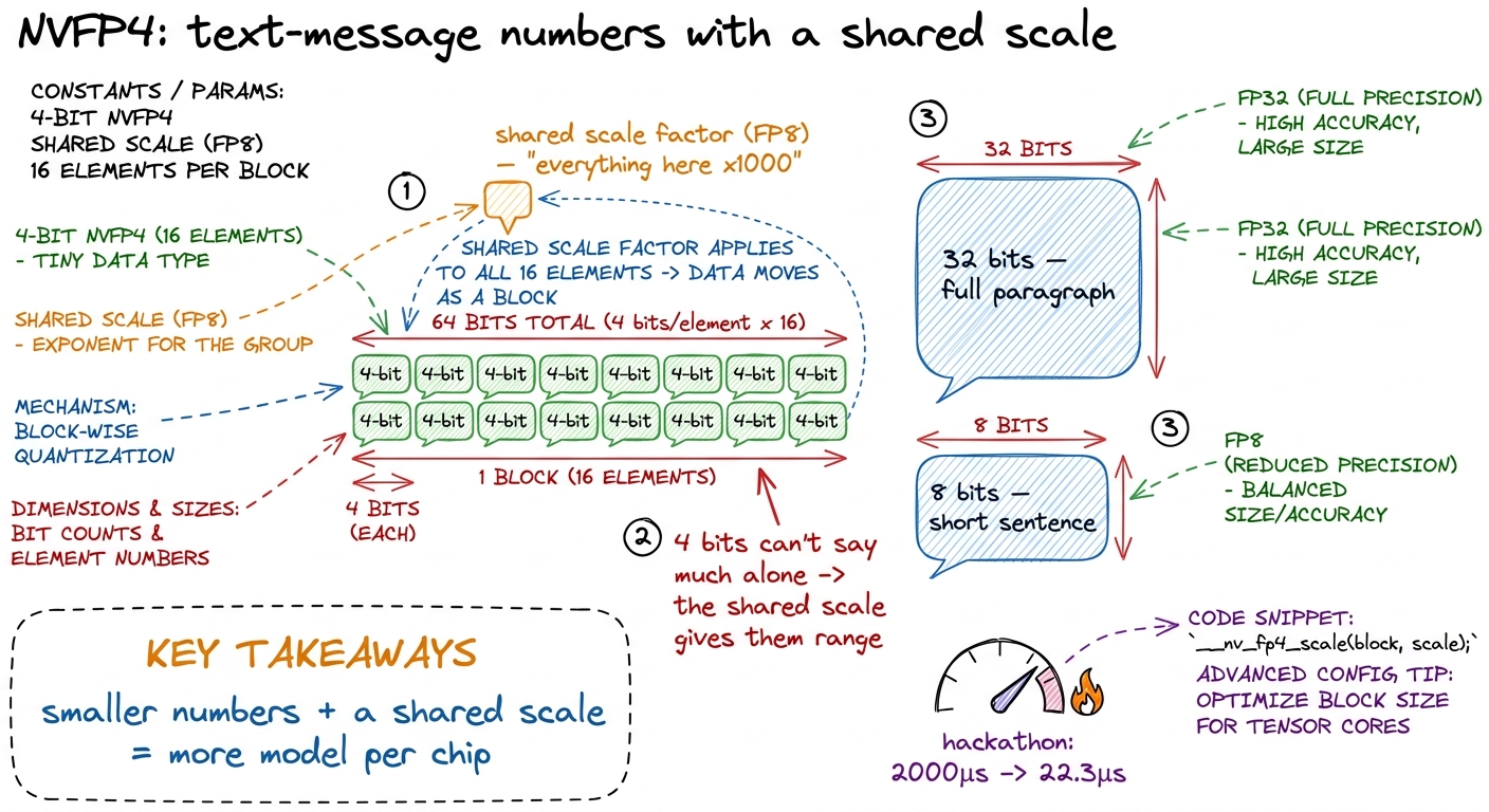 W5's anchor: NVFP4 as tiny 4-bit numbers rescued by a shared block scale factor.