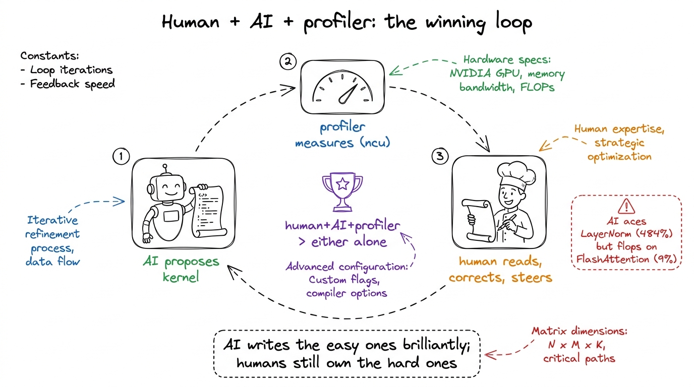 W6's closing image: the proposer-profiler-human loop that beats any single approach.