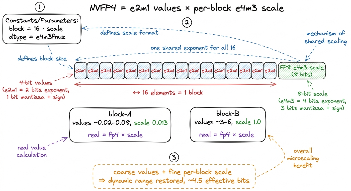 Sixteen four-bit values share one FP8 scale. The four bits carry the shape; the scale carries the magnitude. That is wha