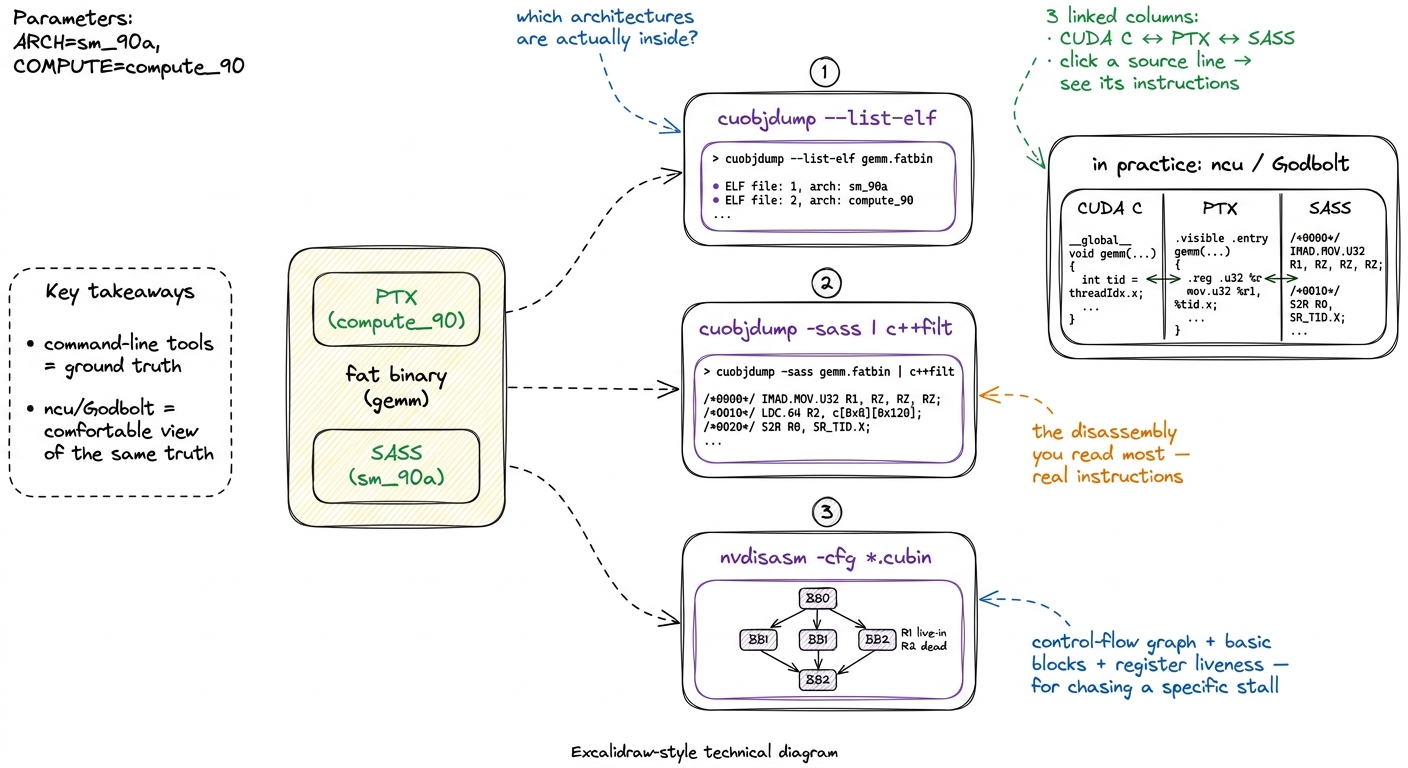 The disassembly toolkit. cuobjdump and nvdisasm are the ground truth; Nsight Compute and Godbolt are the friendlier thre
