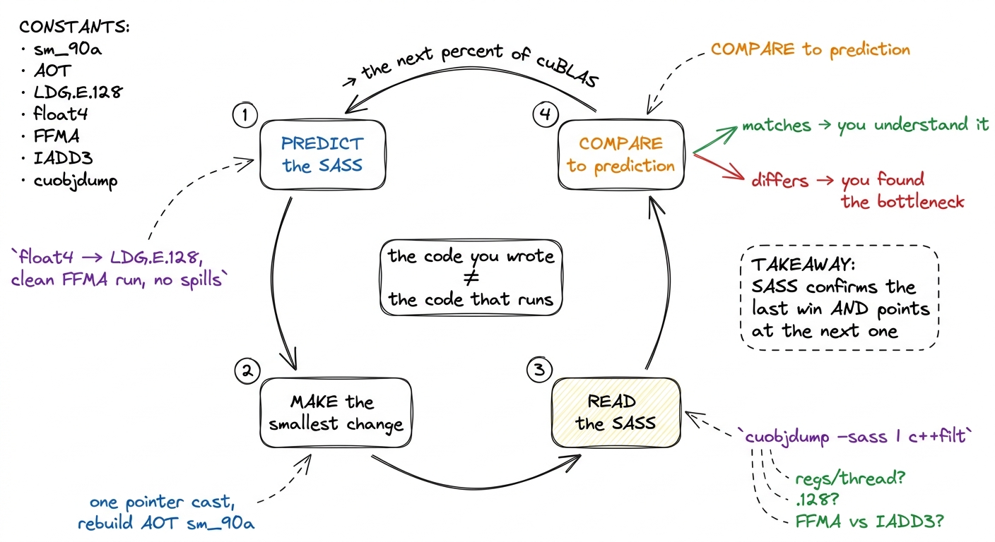 The habit, as a loop. Predict the SASS, change one thing, read the SASS, and let the gap between prediction and reality 