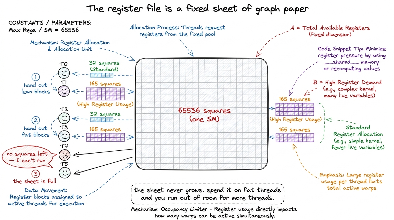 The central mental model: a fixed sheet of 65536 squares, divided among threads. Fatter threads mean fewer threads fit.