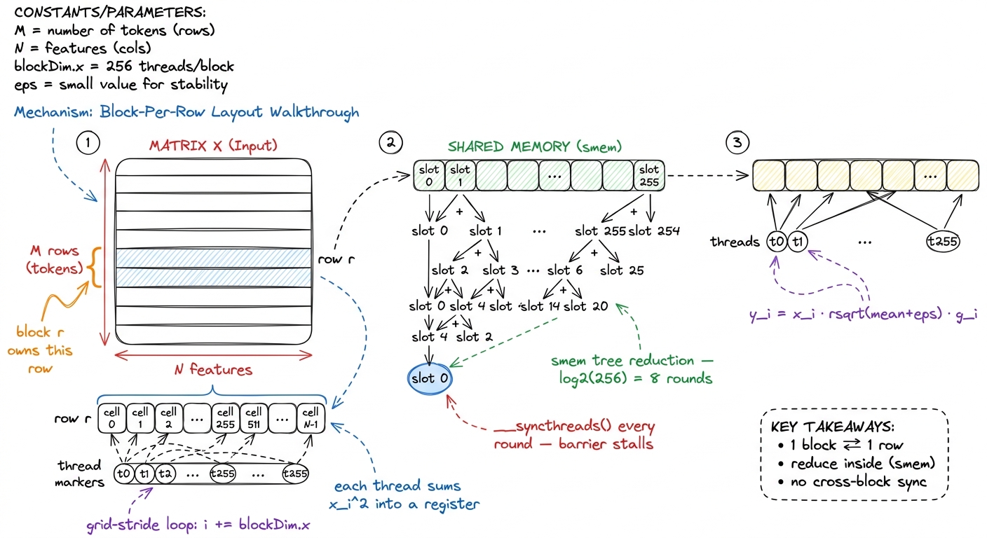 Kernel 1. One block per row, a shared-memory tree reduction in the middle, and two separate passes over the row.