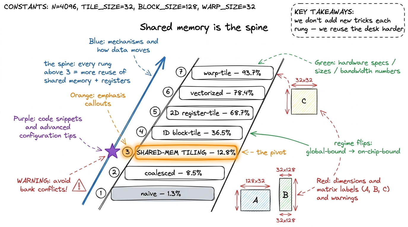 The optimization ladder. Kernel 3 is the pivot where the bottleneck moves onto the on-chip path; every rung above it is 