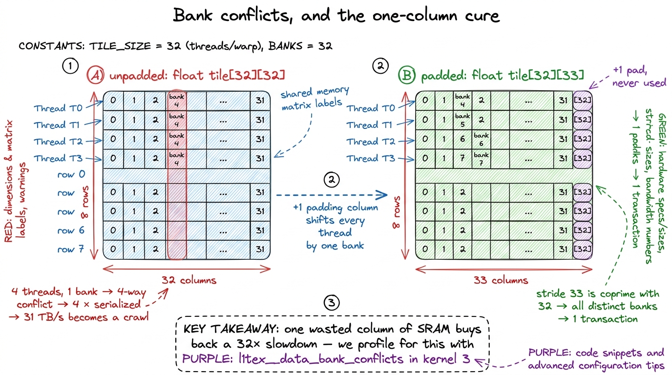 A column read into an unpadded tile collides in one bank and serializes; a single padding column makes the stride coprim