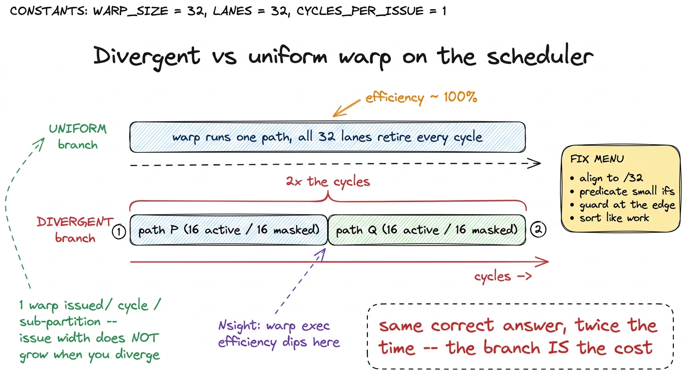 The scheduler's-eye view. A uniform warp is one bar; a divergent one is two serial bars at half efficiency each — and th