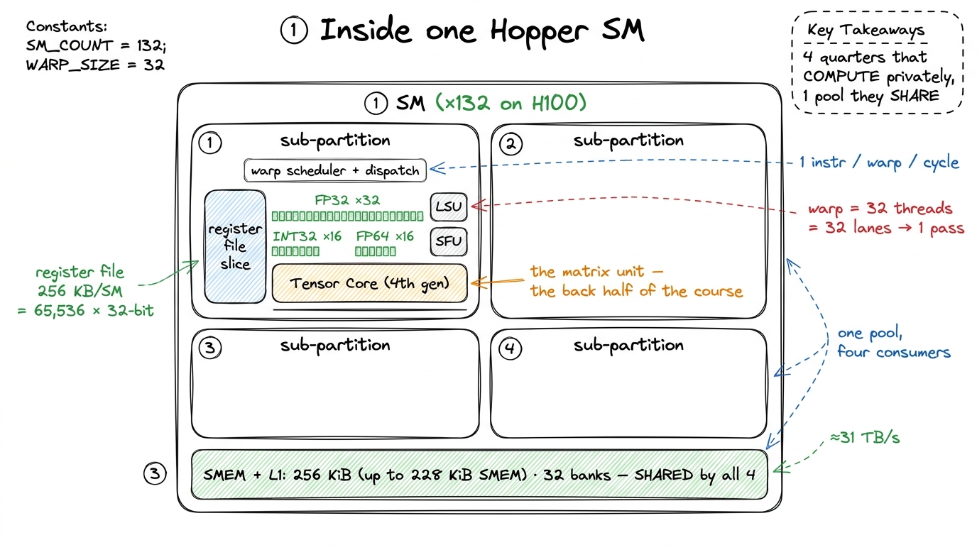 The SM is four near-identical sub-partitions that share one on-chip memory pool.