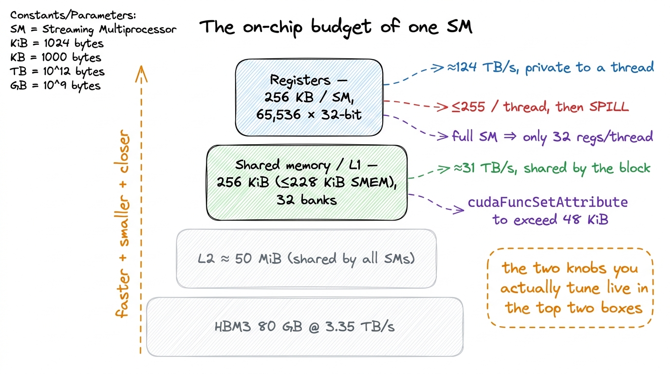 The two resources you fight over — registers and shared memory — both live inside the SM.
