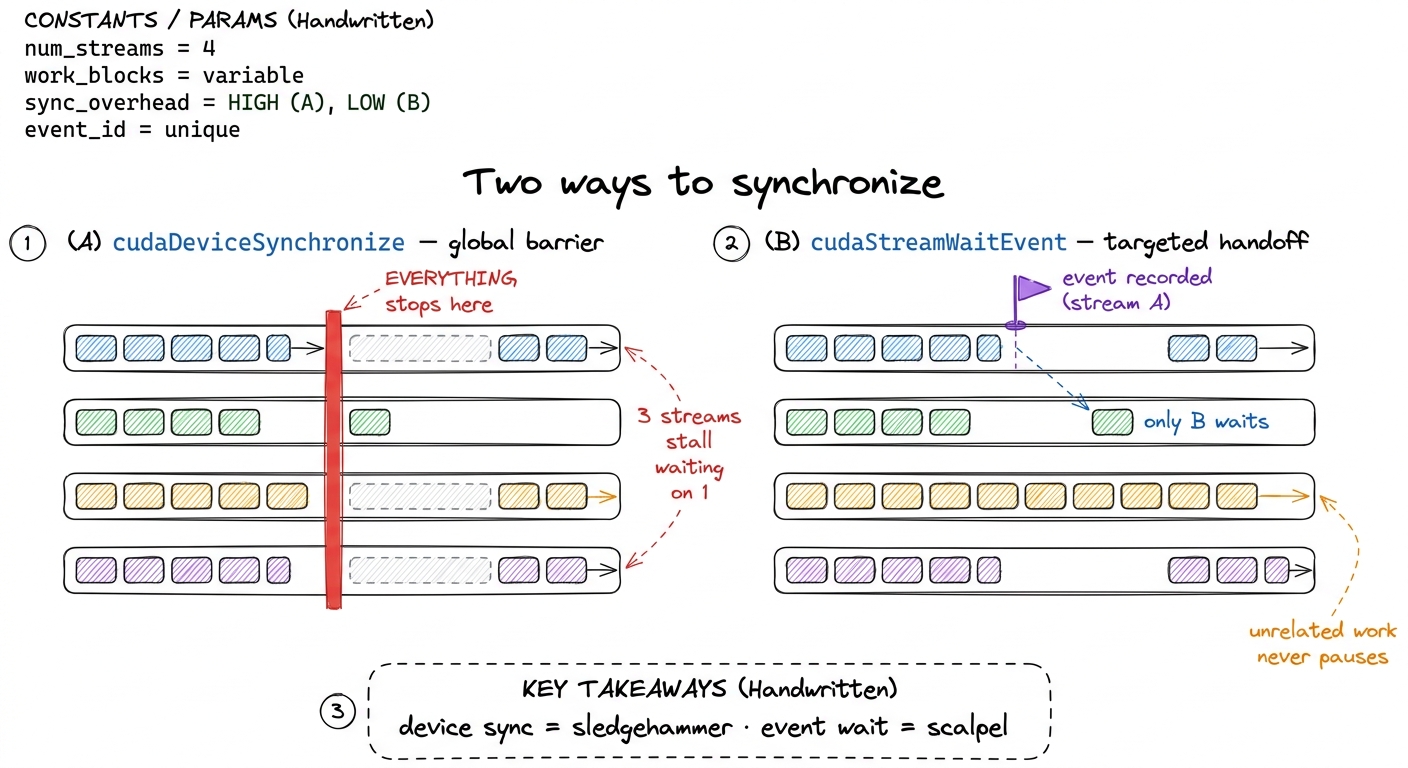 An event lets one stream wait on exactly one point in another. It is a scalpel where cudaDeviceSynchronize is a sledgeha