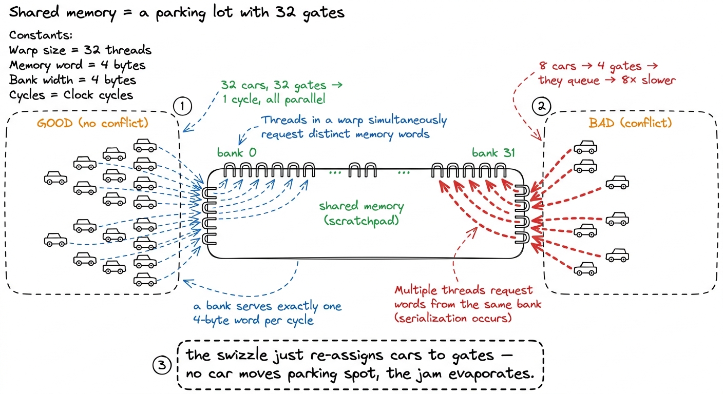 Shared memory has 32 banks. A warp's 32 lanes go fast only when their addresses hit 32 distinct banks; when many address
