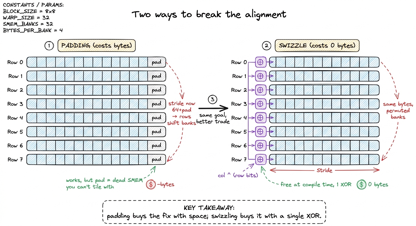 Padding breaks the bad alignment by inserting dead columns. Swizzling breaks the same alignment by permuting the address