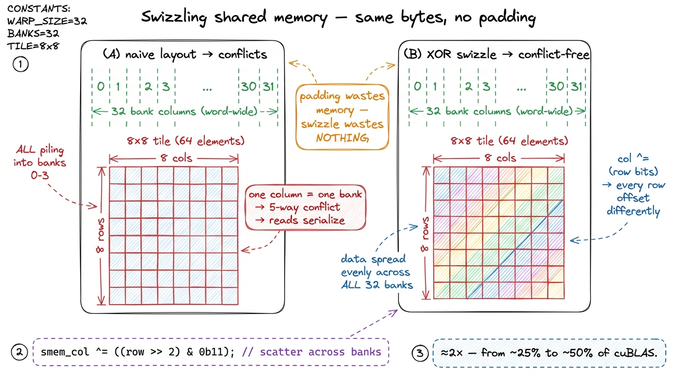 The swizzle. XORing row bits into the column index scatters each MMA tile across all 32 banks with no wasted memory — th