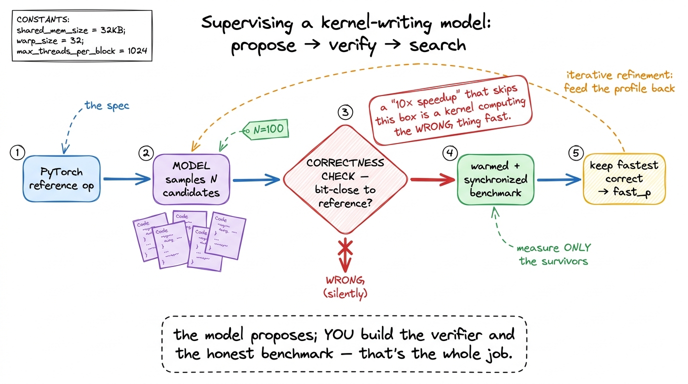Rung 6. The load-bearing skill is not prompting — it is the verify-and-search loop around the model: a correctness gate 