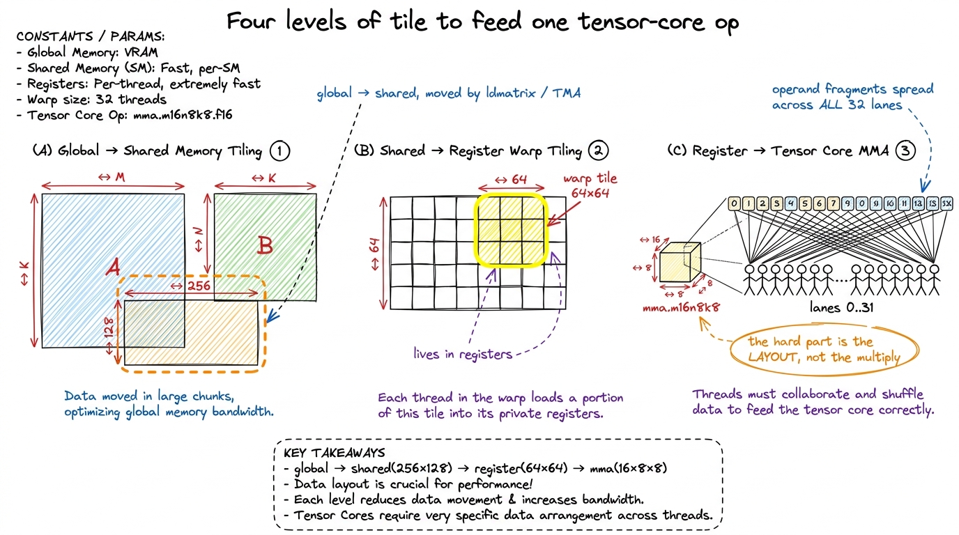 Rung 2. A single tensor-core instruction eats a 16×8×8 tile whose operands are scattered across all 32 lanes of a warp —
