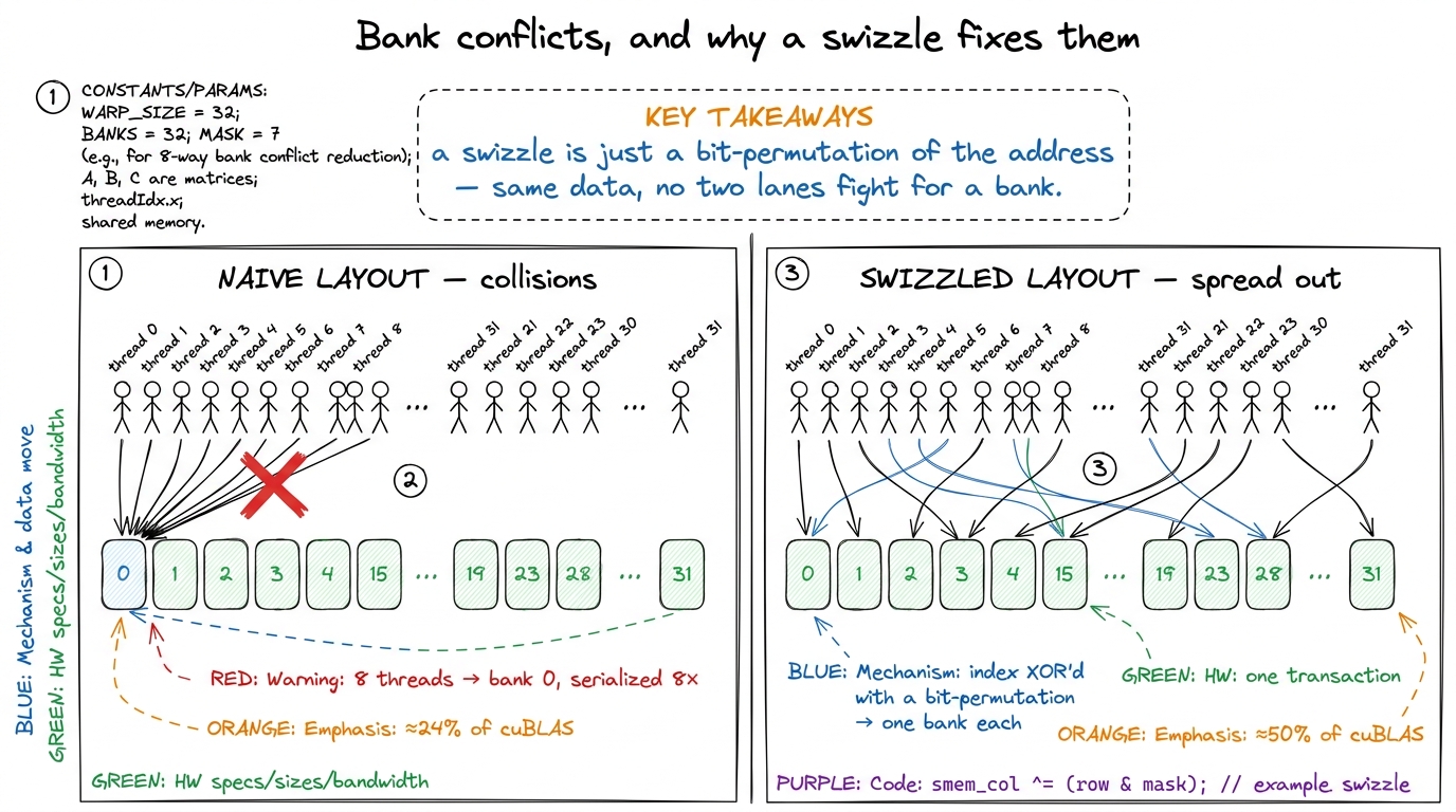 Rung 2's quiet giant. Bank conflicts serialize a warp's shared-memory access; a swizzle re-permutes the index so all 32 