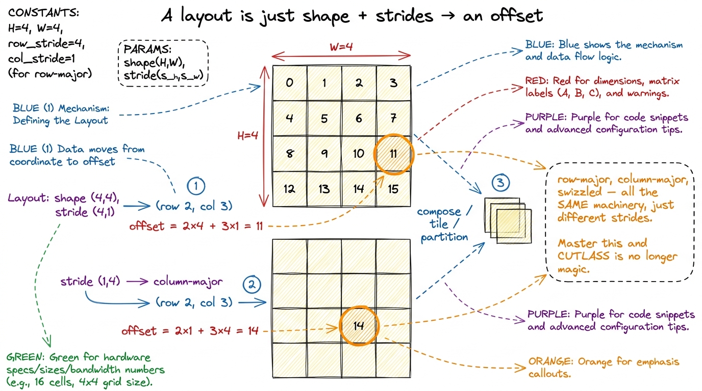 Rung 5's key idea, by hand. A layout maps a coordinate to an offset via strides; row-major, column-major, and swizzled t