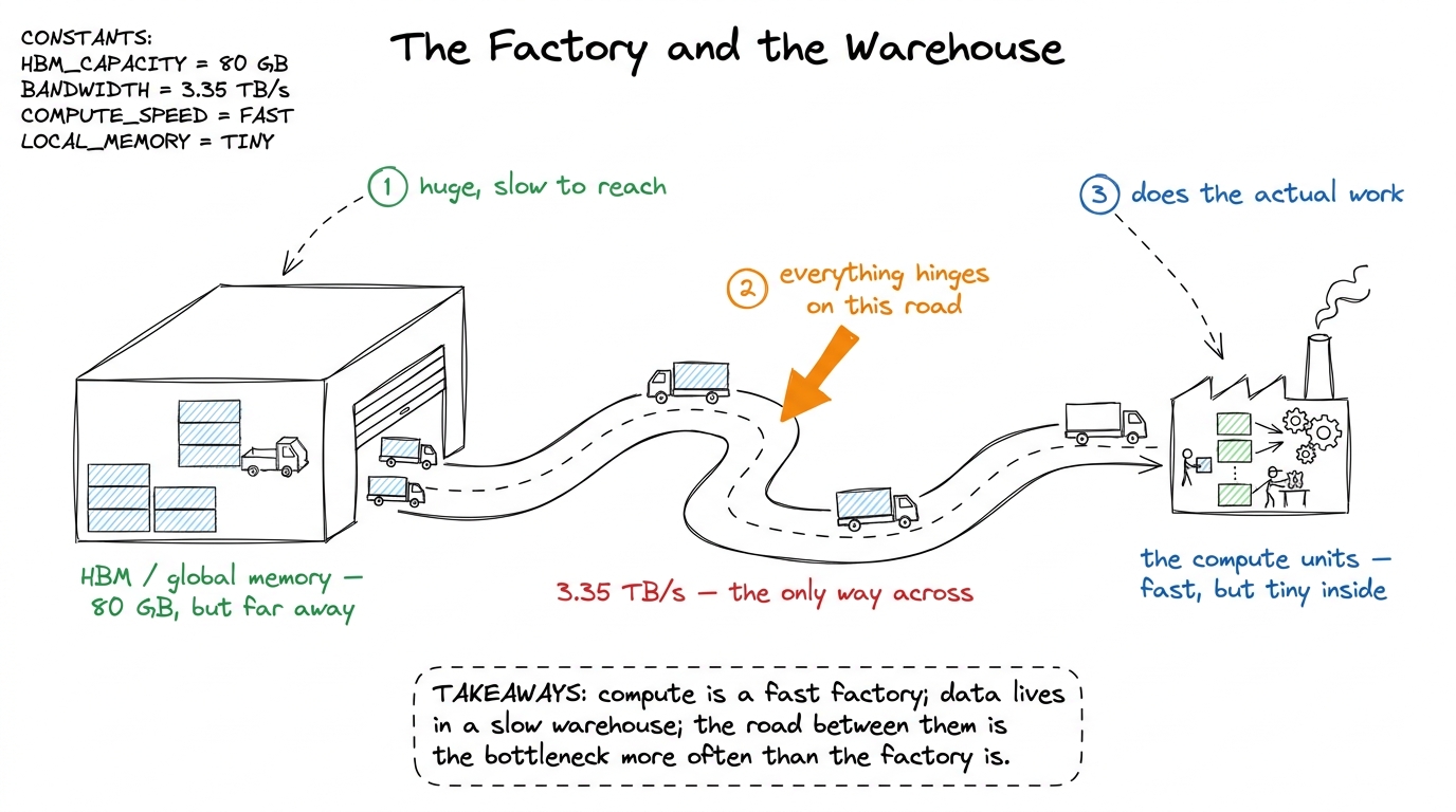 The core mental model. The factory (compute) is fast. The warehouse (memory) is far. The road between them is usually wh