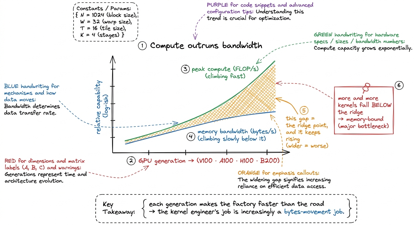 Compute has outpaced bandwidth for years. The ridge point keeps rising, which drags more and more workloads into the mem