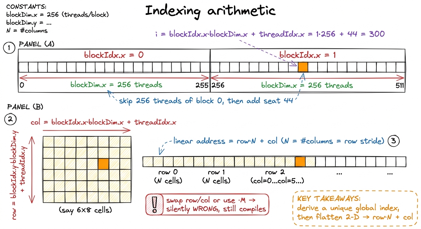 Each thread derives a unique global index from blockIdx, blockDim, threadIdx — then flattens 2-D coordinates to a row-ma