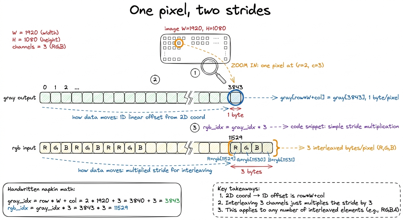 Zooming into pixel (2,3) with real byte offsets. The same pixel lives at index 3843 in the 1-byte gray array and at byte